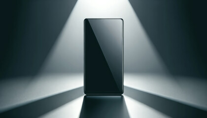 Smartphone mockup with a blank screen on a dark, illuminated backdrop, ideal for product presentation or branding. Generative AI