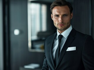 Serious businessman in suit standing in office