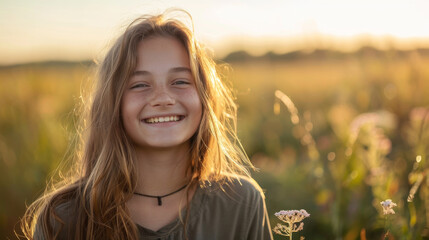Happy 15 years old teenage girl portrait in middle of beautiful nature of a field with copy space