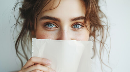 Close-up of a person holding a blank paper in front of the mouth, focus on blue eyes, white background, concept of identity hiding. Generative AI