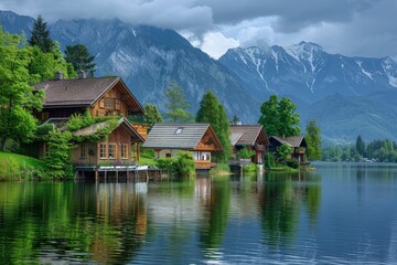 Fototapeta premium Austrian houses near a lake and mountains. European elegance, tidiness, and beauty. 