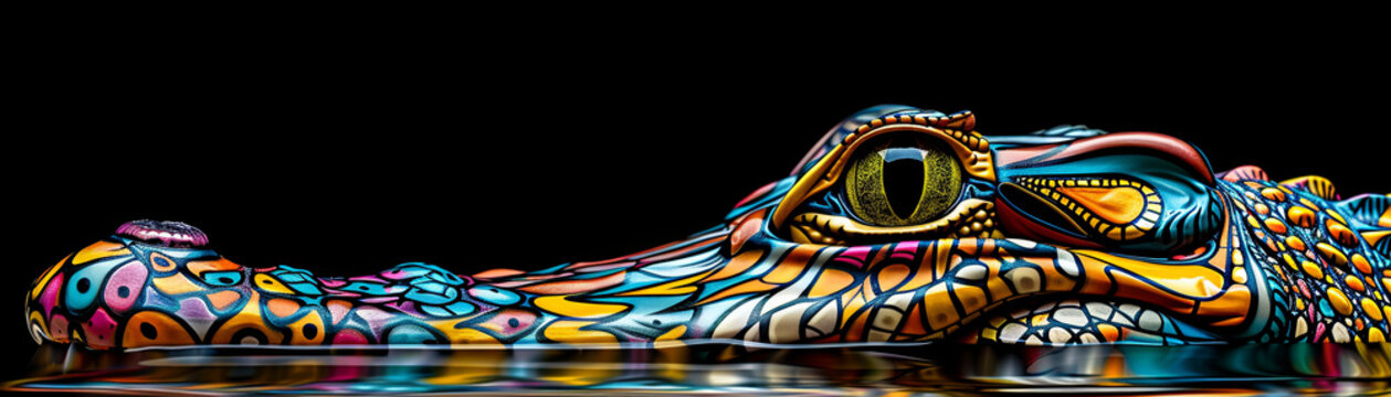 A colorful crocodile head with a black background