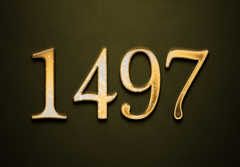 Old gold effect of 1497 number with 3D glossy style Mockup.