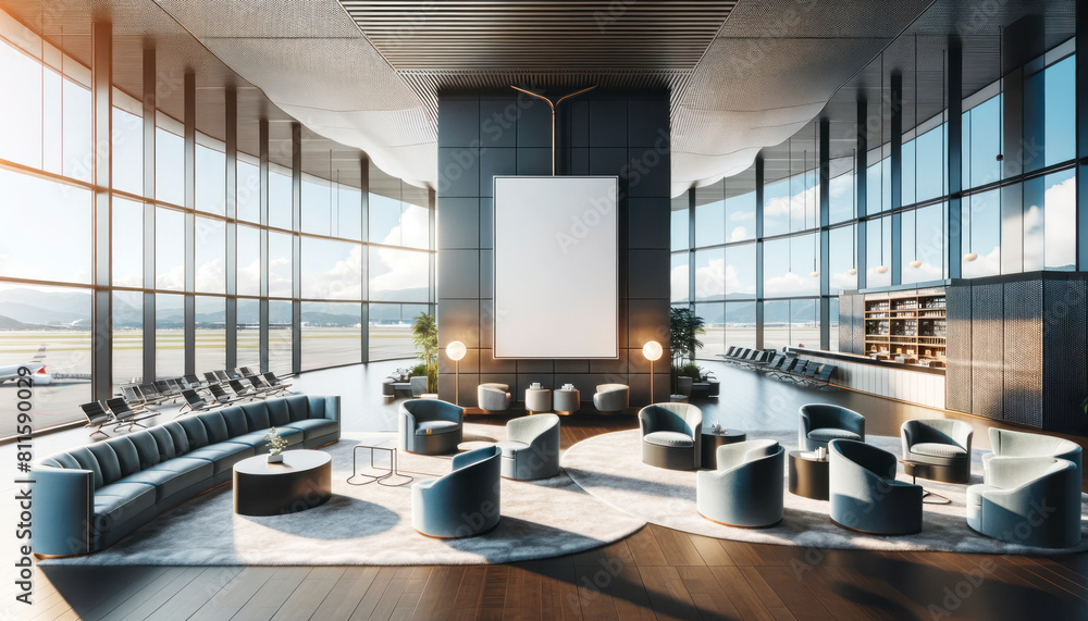 Poster an airport lounge interior with sofas and a large blank poster on the wall, with a view of the airpo