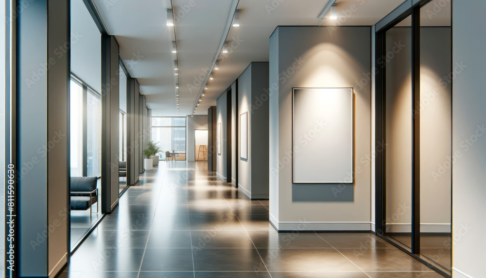 Poster Office corridor with empty frames on walls, modern minimalist style, bright background, concept of gallery space. Generative AI