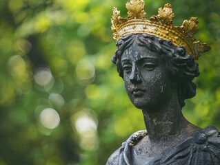 Ornate statue with golden crown in lush green garden