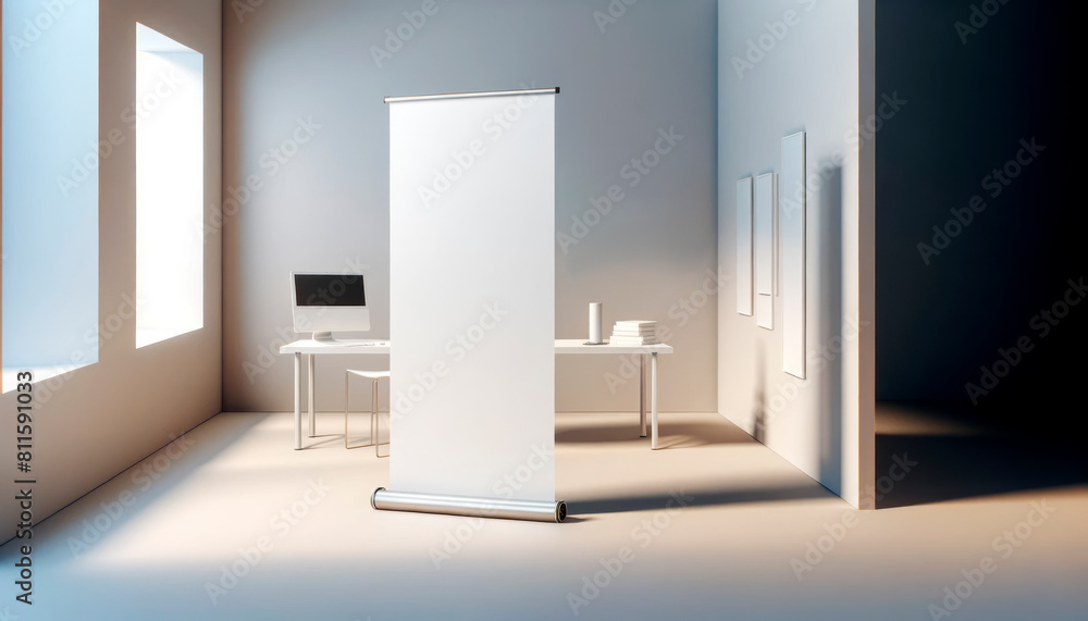 Poster modern office interior with blank roll-up banner, empty frames, and desk with computer, on a light b