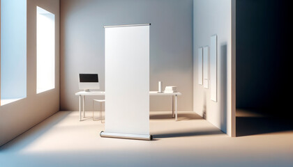 Modern office interior with blank roll-up banner, empty frames, and desk with computer, on a light background, concept of advertising space. Generative AI