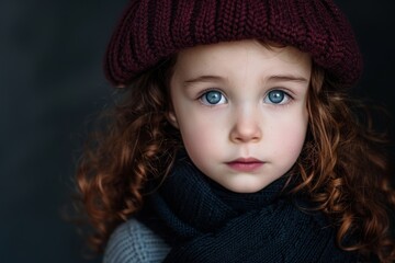 Thoughtful young girl with curly hair and blue eyes
