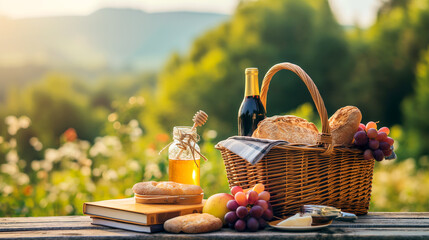 Elegant picnic with red wine, fresh grapes, cheese, baguette and sausages arranged on a rustic stone table in a lush green spring or summer park