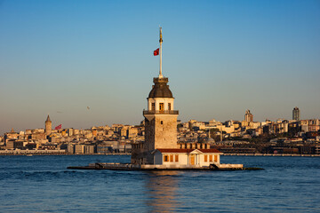 Maiden's Tower with beautiful sunrise sky in Istanbul, Turkey. (Turkish Name: Kiz Kulesi). Colorful sunrise sky in Istanbul.