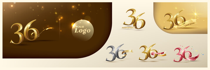 36th anniversary logotype modern gold number with shiny ribbon. alternative logo number Golden anniversary celebration