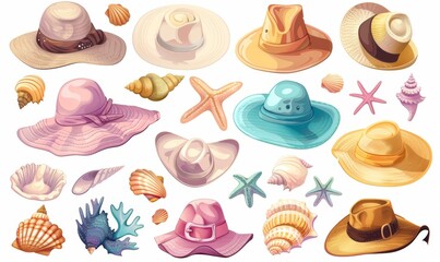 set of beach hats and seashells
