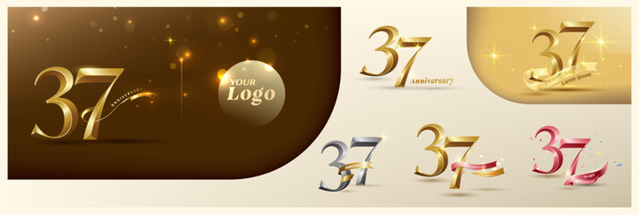 37th anniversary logotype modern gold number with shiny ribbon. alternative logo number Golden anniversary celebration