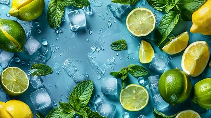 A blue background with lemons, limes and mint leaves.