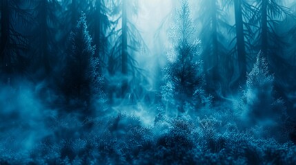 A dark forest with trees and fog.