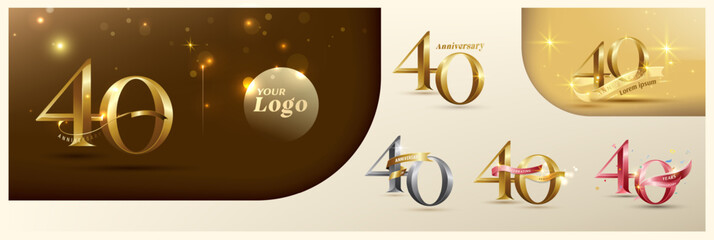 40th anniversary logotype modern gold number with shiny ribbon. alternative logo number Golden anniversary celebration