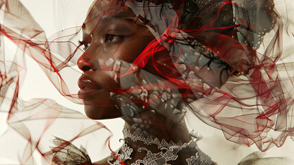 A close-up portrait of a black woman's face. She is wearing a red and white headscarf and a silver necklace. The image is very soft and ethereal.