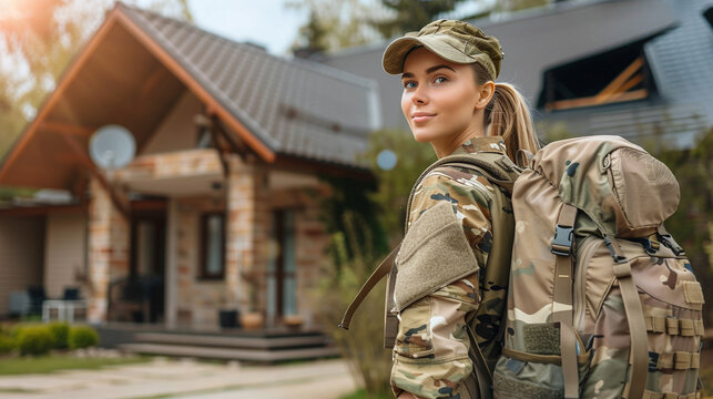 A young woman in military uniform with a backpack stands near her house
