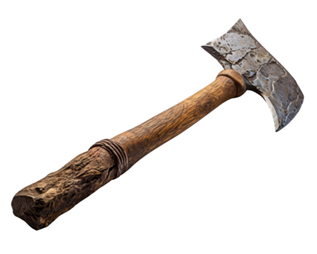 A well-used hand axe with a wooden handle. The blade is made of stone.