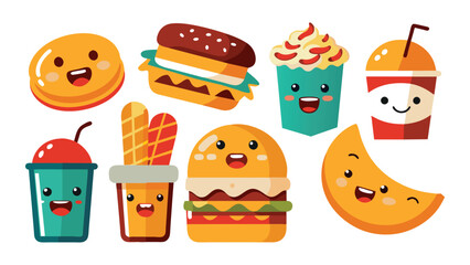  Set of assorted, Cartoon fast food stickers. Retro comic cards and label with hot dog, ice cream and drinks. Trendy mascot food characters. Design elements for food restaurant vector set