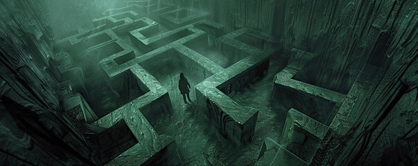 The image is a dark and mysterious maze