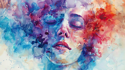 The image is a watercolor painting of a woman's face