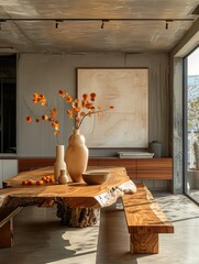 Modern dining room featuring a live edge dining table and a wooden bench