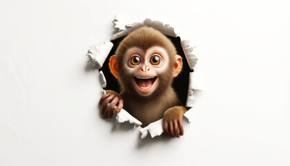 A happy monkey with fluffy fur and a playful expression emerges from a torn white wall, showcasing its wide smile and curious eyes.