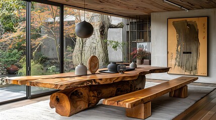 Modern dining room featuring a live edge dining table and a wooden bench