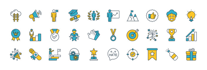 Success icons set. such as Ladder, Bullhorn, Leader, Graduating, Brand, Goal, Thumb Up, Smile, Creative, Fireworks, Trophy, Increase, Celebration and Diploma   vector illustration