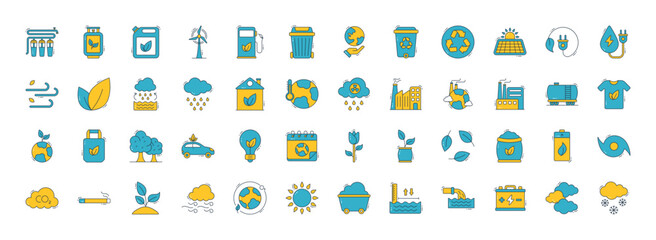 Ecology icons set. such as Water Filter, Biogas, Eco Fuel, Windmill, Recycle Bin, Trash Bin, Save The World and Solar Energy vector illustration.