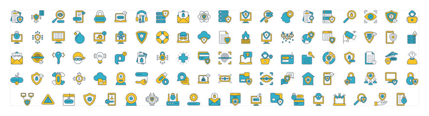 Cyber Security icons set. such as Confidential, Social Engineering, Data Protection, Padlock, Password, Cryptocurrency, Data Center, Insurance and Protection vector illustration.