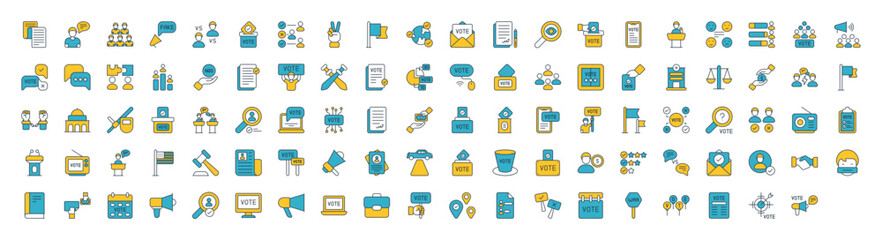 Politics icons set. such as Team, Decree, Vote, Absentism, Ballot, Campaign, Demographic, War, Patriotism, Election, Flags, Solution and Checking  vector illustration.