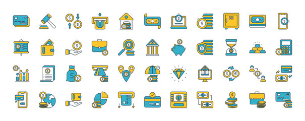 Finance icons set. such as Bank Card, Withdraw, Real Estate, Money, Online Money, Profit, Safe Box, Mobile Money, Presentation, Wallet and Briefcase vector illustration.