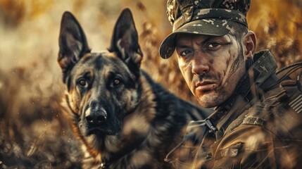 The picture of the military officer is working with trained german shepherd dog at the training field, the dog trainer require skill such as patience, compassion and understanding dog behavior. AIG43.