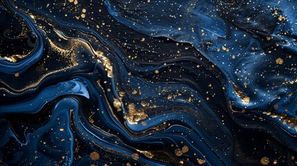 Blue and black acrylic paints with golden glitter. Liquid paint abstract background.