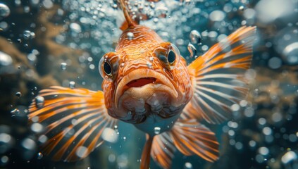 Obraz premium Experiment with underwater photography techniques to capture the deep-sea fish in its natural environment, surrounded by swirling currents and bubbles.
