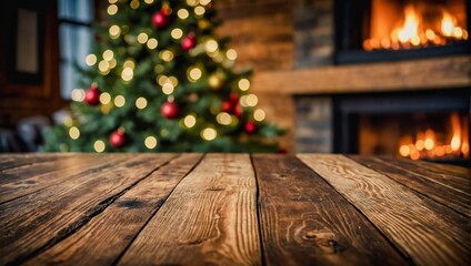 Christmas and New year background with empty dark wooden deck table over christmas tree and blurred light bokeh.