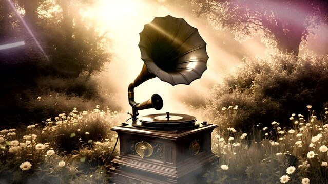 Vintage illustration capturing a gramophone gracefully placed in a charming park setting
