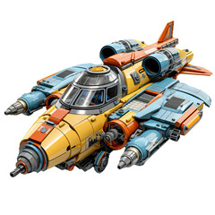 The spaceship is yellow, blue and orange. It has a cockpit in the front and two engines on the back. The spaceship is also equipped with four guns.
