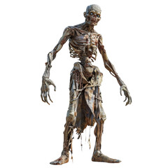 Zombie creature model with exposed bones and tattered clothes transparent background, PNG