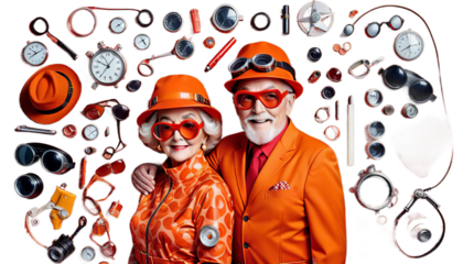 outfits out funky stands fashion orange their hats complete statement old goggles retro couple kitschy making red embracing elderly senior eccentric kitsch outfit love human relationships party