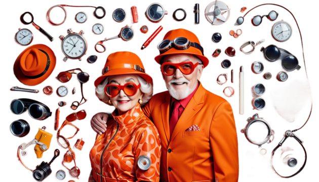outfits out funky stands fashion orange their hats complete statement old goggles retro couple kitschy making red embracing elderly senior eccentric kitsch outfit love human relationships party
