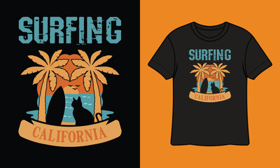 Surfing California Cat With Surf Board Summer T Shirt Design With Mockup
