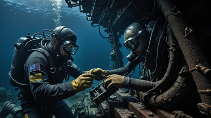 Fototapeta premium AI image generate divers doing dangerous work on the seabed