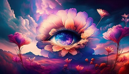 Imagine a flower, forbidden and rare, with a core that mimics a glass eye, its outer section adorned with petals that echo a daisy's form. It diverse floral, nature, rose, fleur, plante, printemps fle