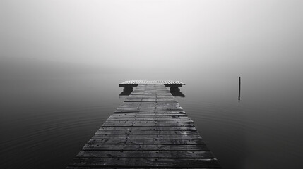 Fototapeta premium A dock in the fog with a bench on the end