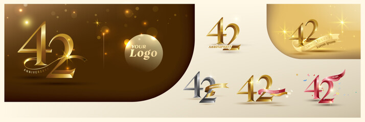 42nd anniversary logotype modern gold number with shiny ribbon. alternative logo number Golden anniversary celebration