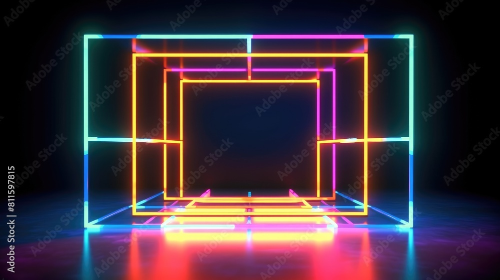 Poster futuristic neon light portal in a reflective surface. luminous neon light portal with square shape w